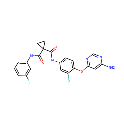 Nc1cc(Oc2ccc(NC(=O)C3(C(=O)Nc4cccc(F)c4)CC3)cc2F)ncn1 ZINC001772606596