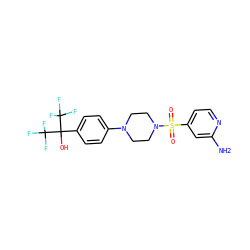 Nc1cc(S(=O)(=O)N2CCN(c3ccc(C(O)(C(F)(F)F)C(F)(F)F)cc3)CC2)ccn1 ZINC000103261656