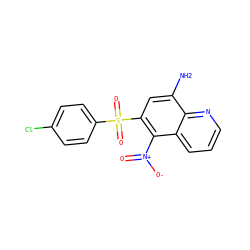 Nc1cc(S(=O)(=O)c2ccc(Cl)cc2)c([N+](=O)[O-])c2cccnc12 ZINC000029483809