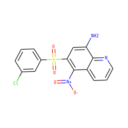 Nc1cc(S(=O)(=O)c2cccc(Cl)c2)c([N+](=O)[O-])c2cccnc12 ZINC000029479772