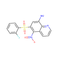 Nc1cc(S(=O)(=O)c2ccccc2F)c([N+](=O)[O-])c2cccnc12 ZINC000029482755