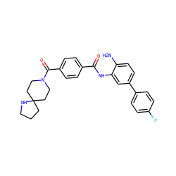 Nc1ccc(-c2ccc(F)cc2)cc1NC(=O)c1ccc(C(=O)N2CCC3(CCCN3)CC2)cc1 ZINC000040897338