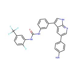 Nc1ccc(-c2cnc3[nH]cc(-c4cccc(NC(=O)Nc5cc(C(F)(F)F)ccc5F)c4)c3c2)cc1 ZINC000103257491