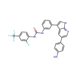 Nc1ccc(-c2cnc3[nH]cc(-c4cccc(NC(=O)Nc5ccc(C(F)(F)F)cc5F)c4)c3c2)cc1 ZINC000043063723