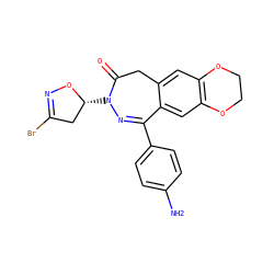 Nc1ccc(C2=NN([C@@H]3CC(Br)=NO3)C(=O)Cc3cc4c(cc32)OCCO4)cc1 ZINC001772606646