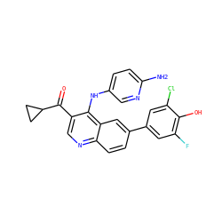 Nc1ccc(Nc2c(C(=O)C3CC3)cnc3ccc(-c4cc(F)c(O)c(Cl)c4)cc23)cn1 ZINC000219368262
