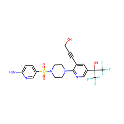 Nc1ccc(S(=O)(=O)N2CCN(c3ncc(C(O)(C(F)(F)F)C(F)(F)F)cc3C#CCO)CC2)cn1 ZINC000299825844