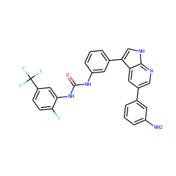 Nc1cccc(-c2cnc3[nH]cc(-c4cccc(NC(=O)Nc5cc(C(F)(F)F)ccc5F)c4)c3c2)c1 ZINC000103257486