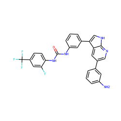 Nc1cccc(-c2cnc3[nH]cc(-c4cccc(NC(=O)Nc5ccc(C(F)(F)F)cc5F)c4)c3c2)c1 ZINC000043123303