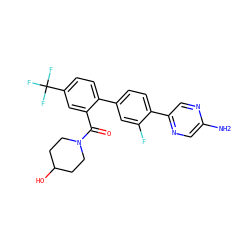 Nc1cnc(-c2ccc(-c3ccc(C(F)(F)F)cc3C(=O)N3CCC(O)CC3)cc2F)cn1 ZINC000224687623