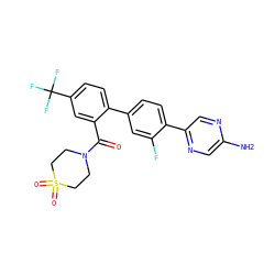 Nc1cnc(-c2ccc(-c3ccc(C(F)(F)F)cc3C(=O)N3CCS(=O)(=O)CC3)cc2F)cn1 ZINC000224734957