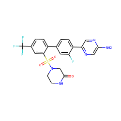 Nc1cnc(-c2ccc(-c3ccc(C(F)(F)F)cc3S(=O)(=O)N3CCNC(=O)C3)cc2F)cn1 ZINC000224720839