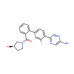 Nc1cnc(-c2ccc(-c3ccccc3C(=O)N3CC[C@@H](O)C3)cc2F)cn1 ZINC000224856193