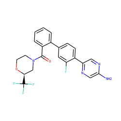 Nc1cnc(-c2ccc(-c3ccccc3C(=O)N3CCO[C@H](C(F)(F)F)C3)cc2F)cn1 ZINC000224835460