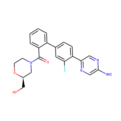Nc1cnc(-c2ccc(-c3ccccc3C(=O)N3CCO[C@H](CO)C3)cc2F)cn1 ZINC000224776540