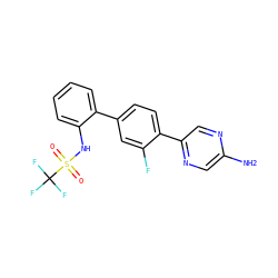 Nc1cnc(-c2ccc(-c3ccccc3NS(=O)(=O)C(F)(F)F)cc2F)cn1 ZINC000212116946