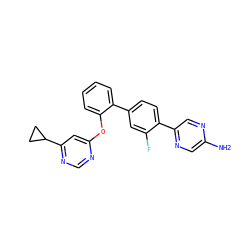 Nc1cnc(-c2ccc(-c3ccccc3Oc3cc(C4CC4)ncn3)cc2F)cn1 ZINC000224798346