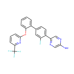 Nc1cnc(-c2ccc(-c3ccccc3Oc3cccc(C(F)(F)F)n3)cc2F)cn1 ZINC000224814870