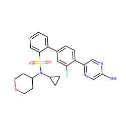 Nc1cnc(-c2ccc(-c3ccccc3S(=O)(=O)N(C3CCOCC3)C3CC3)cc2F)cn1 ZINC000212154925