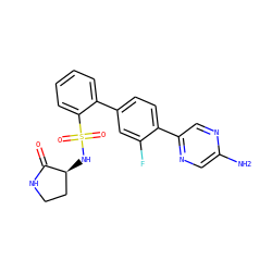 Nc1cnc(-c2ccc(-c3ccccc3S(=O)(=O)N[C@H]3CCNC3=O)cc2F)cn1 ZINC000212169703