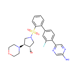 Nc1cnc(-c2ccc(-c3ccccc3S(=O)(=O)N3C[C@H](O)[C@@H](N4CCOCC4)C3)cc2F)cn1 ZINC000224771565