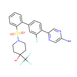 Nc1cnc(-c2ccc(-c3ccccc3S(=O)(=O)N3CCC(O)(C(F)(F)F)CC3)cc2F)cn1 ZINC000224811143