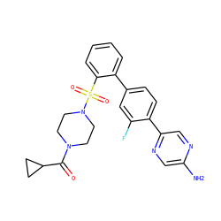 Nc1cnc(-c2ccc(-c3ccccc3S(=O)(=O)N3CCN(C(=O)C4CC4)CC3)cc2F)cn1 ZINC000224722269