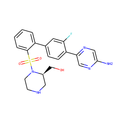 Nc1cnc(-c2ccc(-c3ccccc3S(=O)(=O)N3CCNC[C@@H]3CO)cc2F)cn1 ZINC000224689726
