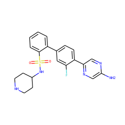 Nc1cnc(-c2ccc(-c3ccccc3S(=O)(=O)NC3CCNCC3)cc2F)cn1 ZINC000212150748