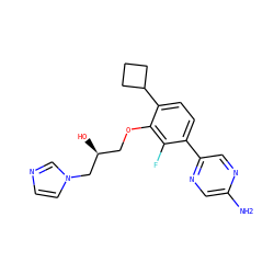 Nc1cnc(-c2ccc(C3CCC3)c(OC[C@H](O)Cn3ccnc3)c2F)cn1 ZINC000224557847