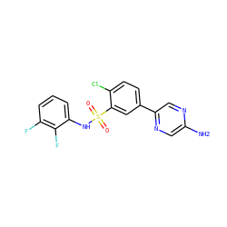 Nc1cnc(-c2ccc(Cl)c(S(=O)(=O)Nc3cccc(F)c3F)c2)cn1 ZINC000095572394