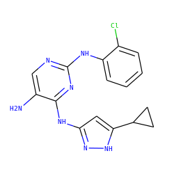 Nc1cnc(Nc2ccccc2Cl)nc1Nc1cc(C2CC2)[nH]n1 ZINC000203008141
