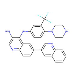 Nc1cnc2ccc(-c3cnc4ccccc4c3)cc2c1Nc1ccc(N2CCNCC2)c(C(F)(F)F)c1 ZINC000653725361