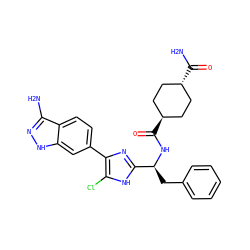 Nc1n[nH]c2cc(-c3nc([C@H](Cc4ccccc4)NC(=O)[C@H]4CC[C@H](C(N)=O)CC4)[nH]c3Cl)ccc12 ZINC000299862127