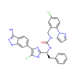 Nc1n[nH]c2cc(-c3nc([C@H](Cc4ccccc4)NC(=O)NCc4cc(Cl)ccc4-n4cccn4)[nH]c3Cl)ccc12 ZINC000115469133
