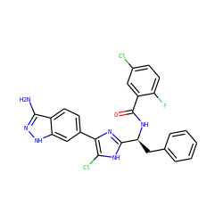 Nc1n[nH]c2cc(-c3nc([C@H](Cc4ccccc4)NC(=O)c4cc(Cl)ccc4F)[nH]c3Cl)ccc12 ZINC000299865472