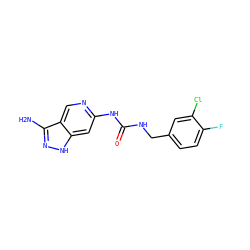 Nc1n[nH]c2cc(NC(=O)NCc3ccc(F)c(Cl)c3)ncc12 ZINC001772576274