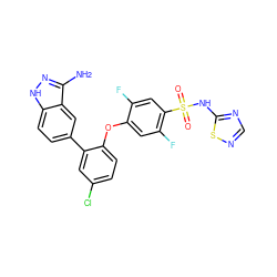 Nc1n[nH]c2ccc(-c3cc(Cl)ccc3Oc3cc(F)c(S(=O)(=O)Nc4ncns4)cc3F)cc12 ZINC000205484720