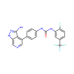 Nc1n[nH]c2cncc(-c3ccc(NC(=O)Nc4cc(C(F)(F)F)ccc4F)cc3)c12 ZINC000029130064