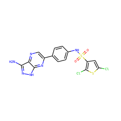 Nc1n[nH]c2nc(-c3ccc(NS(=O)(=O)c4cc(Cl)sc4Cl)cc3)cnc12 ZINC000148849799