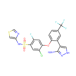 Nc1n[nH]cc1-c1cc(C(F)(F)F)ccc1Oc1cc(F)c(S(=O)(=O)Nc2cscn2)cc1Cl ZINC000095582960