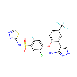 Nc1n[nH]cc1-c1cc(C(F)(F)F)ccc1Oc1cc(F)c(S(=O)(=O)Nc2nncs2)cc1Cl ZINC000095582698