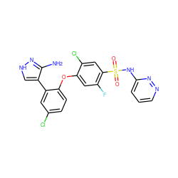 Nc1n[nH]cc1-c1cc(Cl)ccc1Oc1cc(F)c(S(=O)(=O)Nc2cccnn2)cc1Cl ZINC000095584158