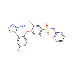 Nc1n[nH]cc1-c1cc(Cl)ccc1Oc1cc(F)c(S(=O)(=O)Nc2ncccn2)cc1Cl ZINC000095585332