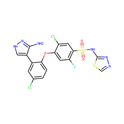 Nc1n[nH]cc1-c1cc(Cl)ccc1Oc1cc(F)c(S(=O)(=O)Nc2nncs2)cc1Cl ZINC000095584853