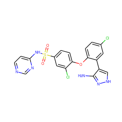 Nc1n[nH]cc1-c1cc(Cl)ccc1Oc1ccc(S(=O)(=O)Nc2ccncn2)cc1Cl ZINC000095584636