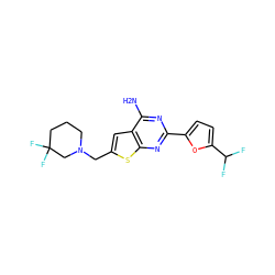 Nc1nc(-c2ccc(C(F)F)o2)nc2sc(CN3CCCC(F)(F)C3)cc12 ZINC000118605919