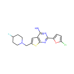 Nc1nc(-c2ccc(Cl)o2)nc2sc(CN3CCC(F)CC3)cc12 ZINC000118596419
