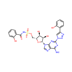 Nc1nc(-n2cc(-c3ccccc3O)nn2)nc2c1ncn2[C@@H]1O[C@H](COS(=O)(=O)NC(=O)c2ccccc2O)[C@@H](O)[C@H]1O ZINC000058568766