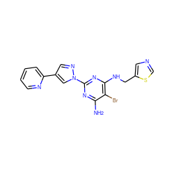 Nc1nc(-n2cc(-c3ccccn3)cn2)nc(NCc2cncs2)c1Br ZINC000217088647